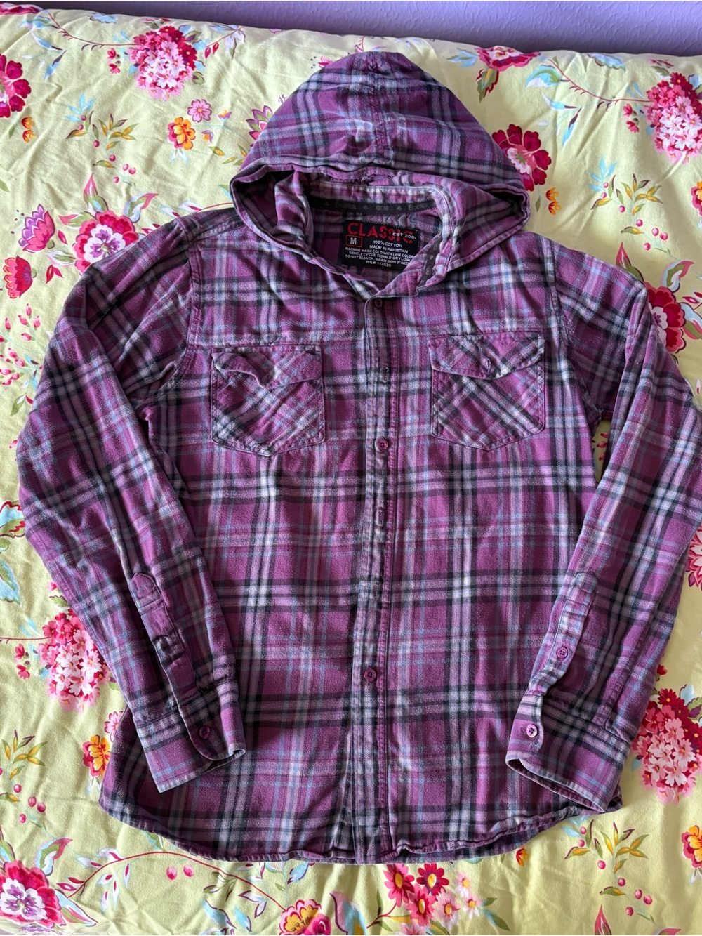Emerica skateboarding purple gray hooded flannel men’s medium 27Lx 21W